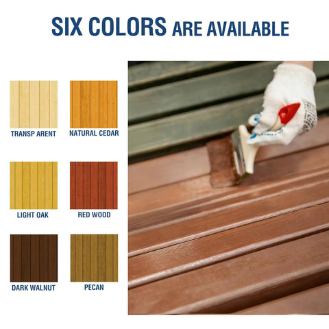 A close-up of a hand applying Dark Walnut Wood Stain And Sealer 32 Oz Quart on wood, showcasing rich color alongside swatches.