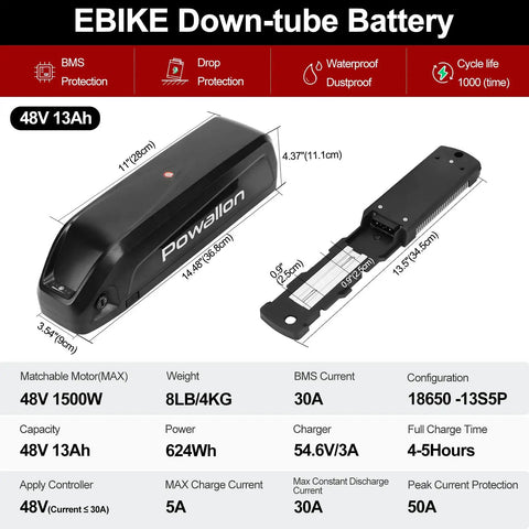 Electric bike downtube battery 48V 13Ah with specifications for eBike conversion, black casing