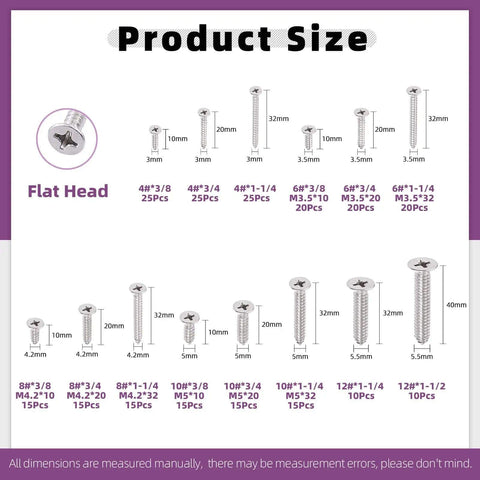 Product size chart of 245 Piece Stainless Steel Self Tapping Screws Kit With 14 Sizes From 4 To 12 For Drywall Wood Metal