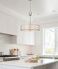 Modern Lattice Drum Pendant Chandelier 3 Light Hanging Light With Glass Diffuser In Brushed Nickel Finish in kitchen setting