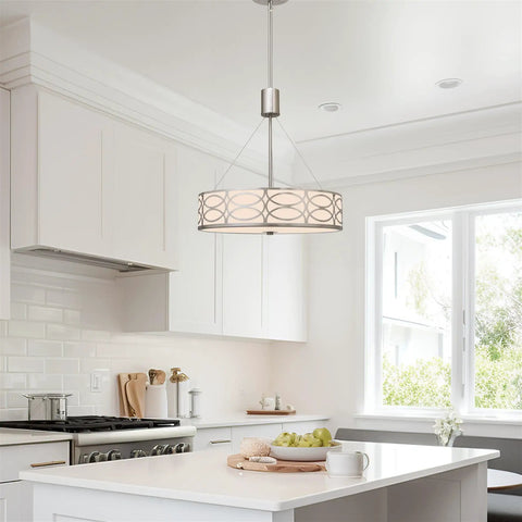 Modern Lattice Drum Pendant Chandelier 3 Light Hanging Light With Glass Diffuser In Brushed Nickel Finish in kitchen setting