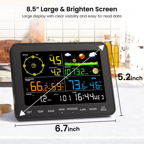 All In One Wireless Home Weather Station With Rain Gauge Indoor Outdoor Temperature Humidity Forecast Barometric Pressure Moon Phase And Alarm Clock For Bedroom No WiFi Must Have with 8.5-inch color display