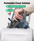 Person placing a Six In One Charging Station With USB C And USB A Ports, 5 Ft Flat Plug Extension Cord in a white handbag