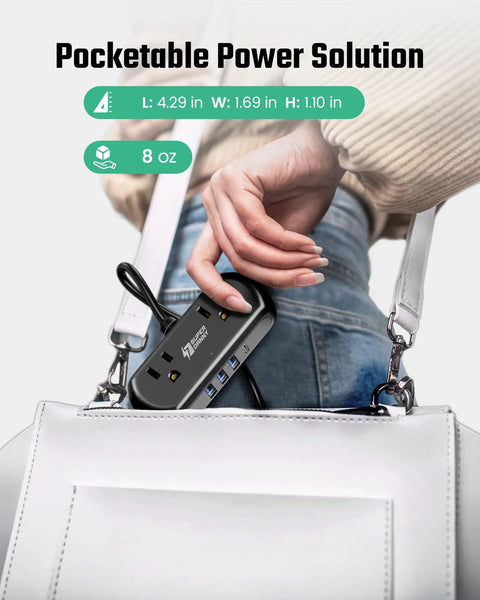 Person placing a Six In One Charging Station With USB C And USB A Ports, 5 Ft Flat Plug Extension Cord in a white handbag