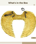 Gold Foil Angel Wings With Straps For Dope Cosplay And Halloween Lightweight White Feather Wing Costume Accessory With Shimmering Gilded Look Easy Wear Wing Set For Parties And Photo Ops displayed in packaging
