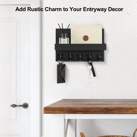 Wall Mounted Key Holder With Shelf And Large Hooks For Keys Bags Coats Umbrellas And Mail Paulownia Wood Entryway Organizer With Mounting Hardware Easy To Install For Quick Setup And Hang Stuff in use displaying mail and keys