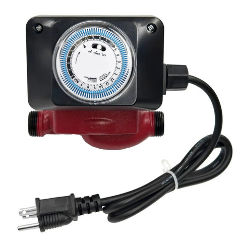 Heavy Duty Hot Water Recirculator Pump With Built In Digital Timer 115V Smooth Operator One Twenty Fifth Horsepower 3/4 By 1/2 Inch Npt Reducing Union Zero Drama Ready To Roll Direct Replacement For Grundfos U P 15 T L C And 595916, showing timer and durable red housing.