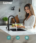 Woman using Matte Black Kitchen Faucet With Pull Down Sprayer, Single Handle Stainless Steel High Arc Farmhouse Sink Faucet With Soap Dispenser