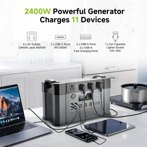 Beefy Capacity Portable Power Station S2000 Pro 1520Wh LiFePO4 Solar Generator charging multiple devices in a kitchen.