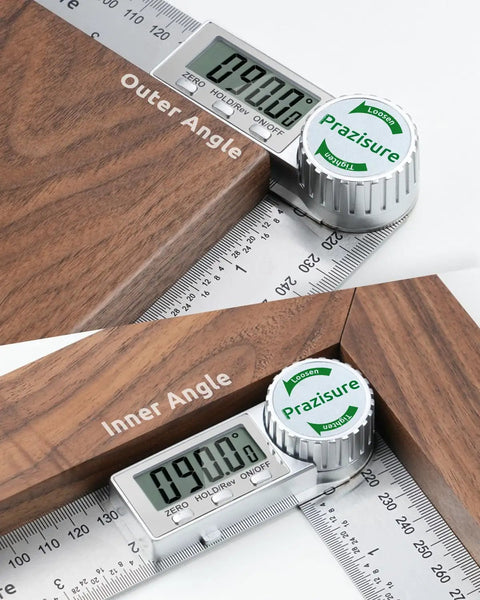Pro Level Digital Angle Finder Protractor With Roomy Screen For Woodworking And Diy Hustles Featuring Sick Aluminum Build And Dead On Accuracy Calibration Plus Fast Wake Up Feature measuring 90 degrees on wooden angles.