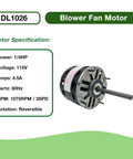 Direct-Drive Blower Motor For HVAC Systems 1/4 HP 115V 3-Speed 1075 RPM Replacement Compatible With AO Smith 1026 GE 3583 Fasco D721 Magnetek 0533 Marathon X000 Emerson 1863, side view