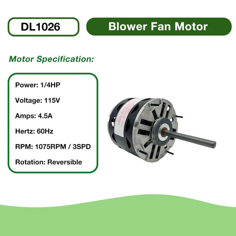 Direct-Drive Blower Motor For HVAC Systems 1/4 HP 115V 3-Speed 1075 RPM Replacement Compatible With AO Smith 1026 GE 3583 Fasco D721 Magnetek 0533 Marathon X000 Emerson 1863, side view