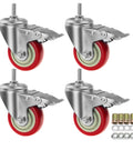 Swivel Stem Casters Heavy Duty Double Locking Castors With Red PU Wheels Quiet No Marking Safe On All Floor Surfaces M10 One Point Five By Twenty Five Millimeters Metric Thread High Load Capacity Pack Of 4 Ideal For Industrial Use In Workshops And