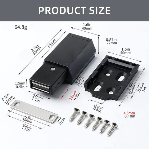 Invisible Push To Open Cabinet Latches For Modern Kitchen And Bathroom Drawers, with dimensions and included screws.