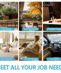 Six images showcasing uses of Cordless Mini Leaf Blower Vacuum Compatible With Makita 18V Battery, 157 MPH 64 CFM, on deck, yard, and car cleaning.