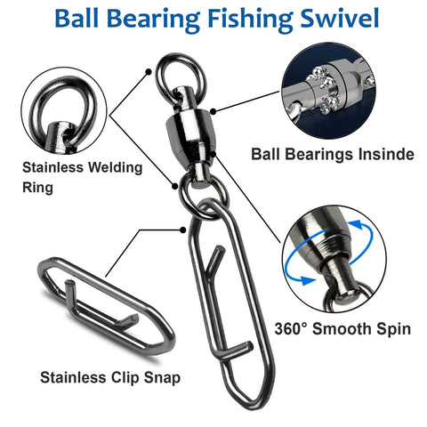 Beefy Heavy Duty Snap Swivels Set With Stainless Rolling Bearings For Freshwater Fishing Stainless Steel Clips In Black Nickel Finish 25 Pack 45 Pound Test High Strength, 360° swivel