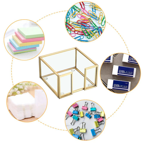 Gold Trimmed Glass Sticky Note Holder with Non Slip Pads for 3x3 Inch Notes, surrounded by office supplies like paperclips and erasers.
