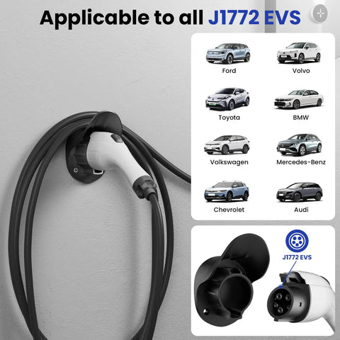 Heavy Duty J1772 EV Charger Wall Mount with plug secured, showcasing compatibility with various EV brands like Ford and BMW.