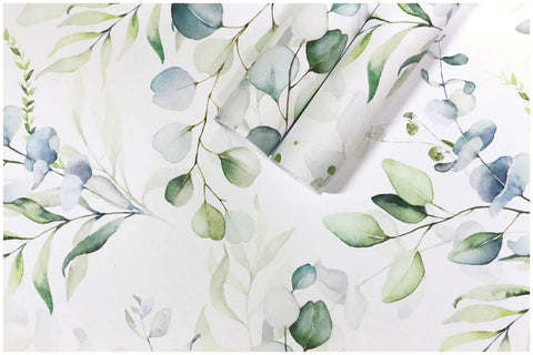 Peel And Stick Boho Wallpaper Green White Botanical Leaf Floral Wall Mural Vibe roll with leaf design on smooth surface.