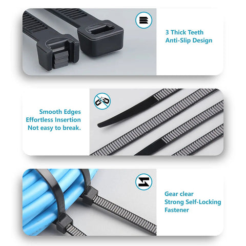 Assorted Zip Ties Set 4 Inch 18 Lb, 6 Inch 25 Lb, 8 Inch 40 Lb, 12 Inch 45 Lb Black UV Resistant Cable Ties 400 Pack features