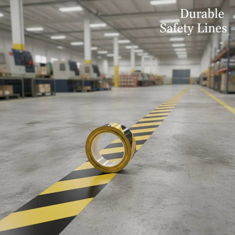 Top Shelf Yellow Floor Marker Tape With Hell Yeah Adhesion For Concrete And Epoxy Surfaces on a warehouse floor.