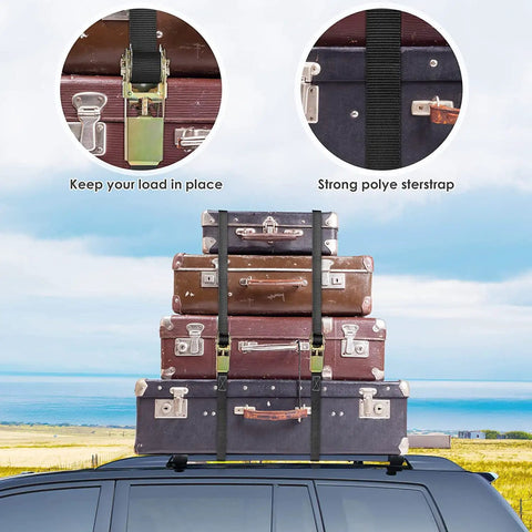 10 Pack 1 Inch By 20 Foot No Hook Ratchet Straps securing luggage on roof, 1760 lbs break strength, black