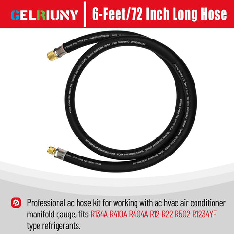 HVAC vacuum hose, 6 ft, black, 1/2 in to 1/4 in flare fittings, high-flow refrigerant hose
