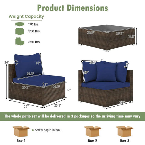 Dimensions of 7 Piece Outdoor Wicker Patio Furniture Set for Six With Cushions, 2 Throw Pillows, Sofa Fastener Clips, Rattan Sectional.