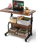 Portable Rolling Desk On Wheels With Adjustable Height, 32 Inch Computer Desk With Three Layer Storage Shelves, Rustic Home Office Table For Small Spaces shown with items and laptop