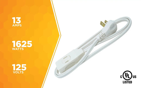 Indoor SlimLine 16/2 Flat Plug Extension Cord 7 Foot White Ideal For Clocks Lamps And Lighting In Home Or Office Space Saving Flat Design