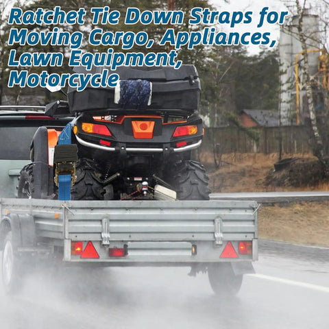 Heavy Duty Ratchet Tie Down Straps 2 Inch By 33 Feet, 10,000 Lbs Break Strength securing ATV on trailer in rain