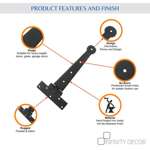 Hand Forged Tee Hinge Strap Hinge With Beeswax Finish Penny End Outdoor Gate Hardware, features and design details.