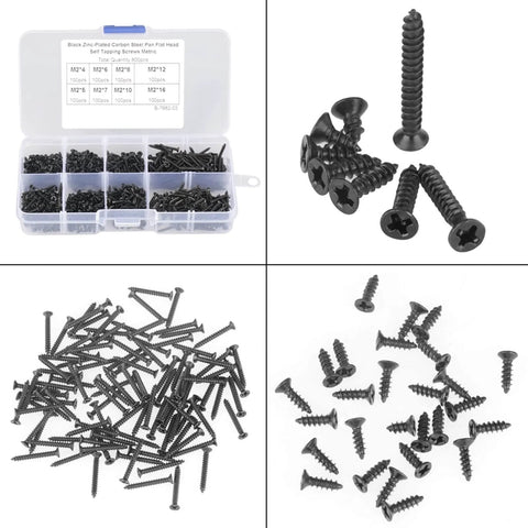 800 Piece M2 Self Tapping Screws Set in High Hardness Carbon Steel Flat Head for Wood Electronics Machinery Projects