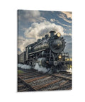Steam Locomotive Train Canvas Wall Art Ready To Hang Framed Picture For Living Room Bedroom And Office Modern Decor Premium Canvas Print With Wood Frame Aesthetic Home Gallery Vibe showing a detailed side view of train on tracks.