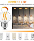 6 Pack G16.5 LED Globe Bulbs 60W Equivalent Dimmable E26 2700K Warm White with dimming demonstration and dimmer compatibility.