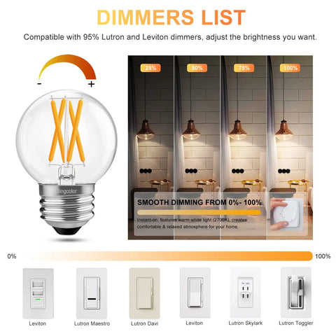 6 Pack G16.5 LED Globe Bulbs 60W Equivalent Dimmable E26 2700K Warm White with dimming demonstration and dimmer compatibility.