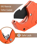 Close-up of heavy duty orange ratcheting PVC pipe cutter with SK5 material and Teflon coating, featuring safe lock mechanism.
