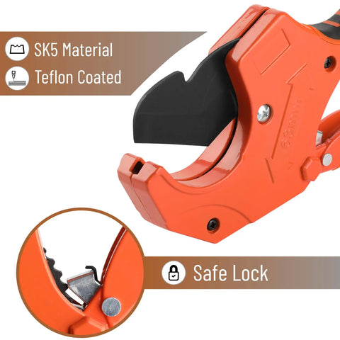 Close-up of heavy duty orange ratcheting PVC pipe cutter with SK5 material and Teflon coating, featuring safe lock mechanism.