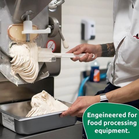 Chef using machine with Food Safe Machine Lube For Go-To Heavy-Duty Bearings And Seals, Sanitary Synthetic Lubricant In Clear Gel.