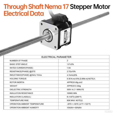 NEMA 17 Through Shaft Stepper Motor with lead screw and electrical data table
