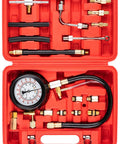 Jiimee 0-140 PSI fuel pressure tester kit with gauge and brass adapters in red case