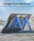 Portable 100 Watt Solar Panel With Kickstands For Camping And Off Grid Power Stations 25 Percent Efficient N Type Cell Tech USB A And Type C Output Perfect For RVs SUVs And Outdoor Adventures showing adjustable tilt range
