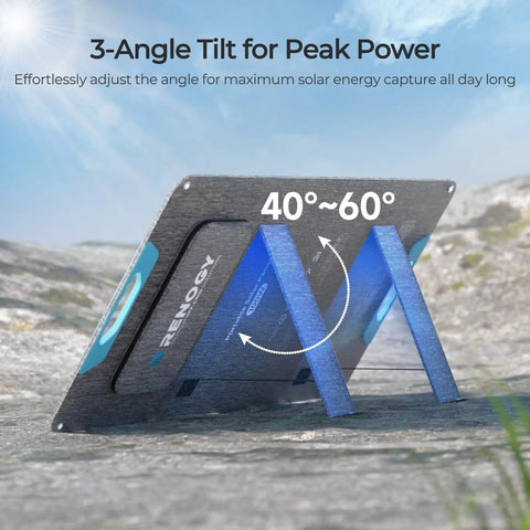Portable 100 Watt Solar Panel With Kickstands For Camping And Off Grid Power Stations 25 Percent Efficient N Type Cell Tech USB A And Type C Output Perfect For RVs SUVs And Outdoor Adventures showing adjustable tilt range