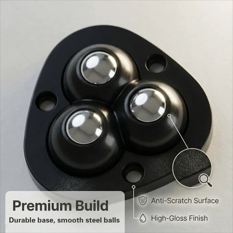 Glide Easy Appliance Mover Set With No Sweat Self Adhesive Mounts And Rock Solid 360 Swivel Casters For Kitchen Islands Coffee Bars And Couch Legs Eight Pack Black Finish, showing durable base and smooth steel balls.
