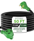 Beefy 50 Foot 30 Amp RV Extension Cord With TT-30P TT-30R Connectors, Weatherproof 10/3 STW Cable, 3750 Watt Capacity, Durable Outdoor RV Power Cord for Campers and Travel Trailers. 50 ft coiled cord with green plugs
