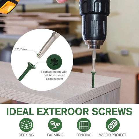 Pro Grade Green Deck Screws Size 8 By 1-1/2 Inch Heavy Duty Fasteners showing T25 driver bit in use for wood projects.