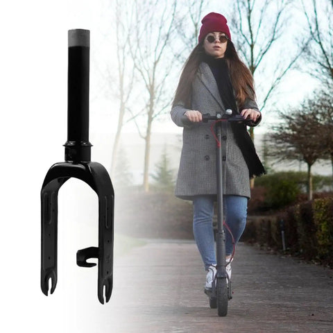 Scooter Front Wheel Fork Replacement Part With Alloy Wheel Bracket For 30 Electric Scooters EZ Install Rustproof And Wear Resistant Lightweight And Durable Front Fork For Quick Maintenance Black Finish shown next to a woman riding a scooter.