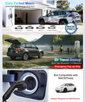 Level 1 And Level 2 Portable EV Charger With 25 Foot Cable For Home Use, charging a J1772 electric car in various outdoor settings