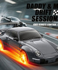 1:24 Scale RC Drift Car With 4WD And LED Lights Realistic Night Drifts on track, vibrant LED wheels glowing, front view