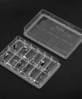 12 Type Stainless Steel Watch Push Press Button Repair Kit With Storage Box, clear case showing press dies in compartments.